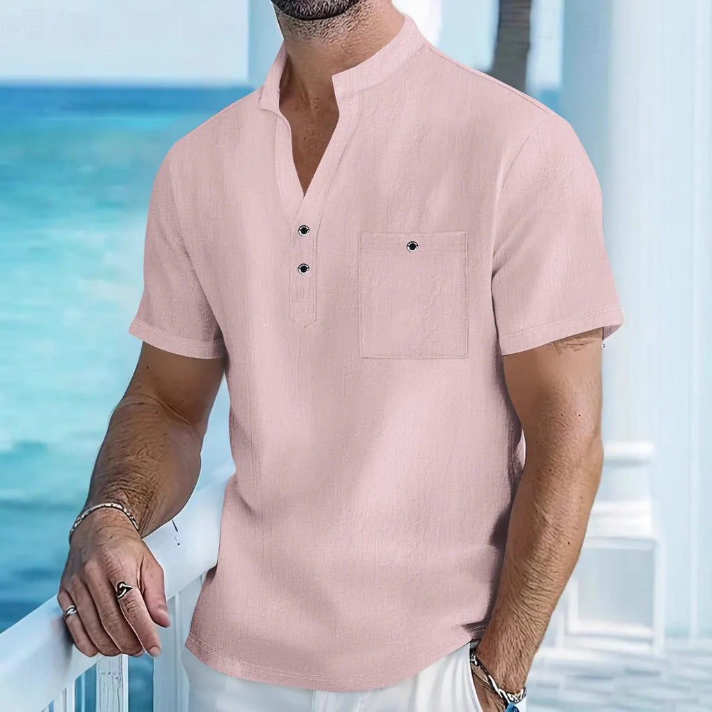 Men's loose fit linen blend short sleeve shirt with a stand collar in a light blue colour