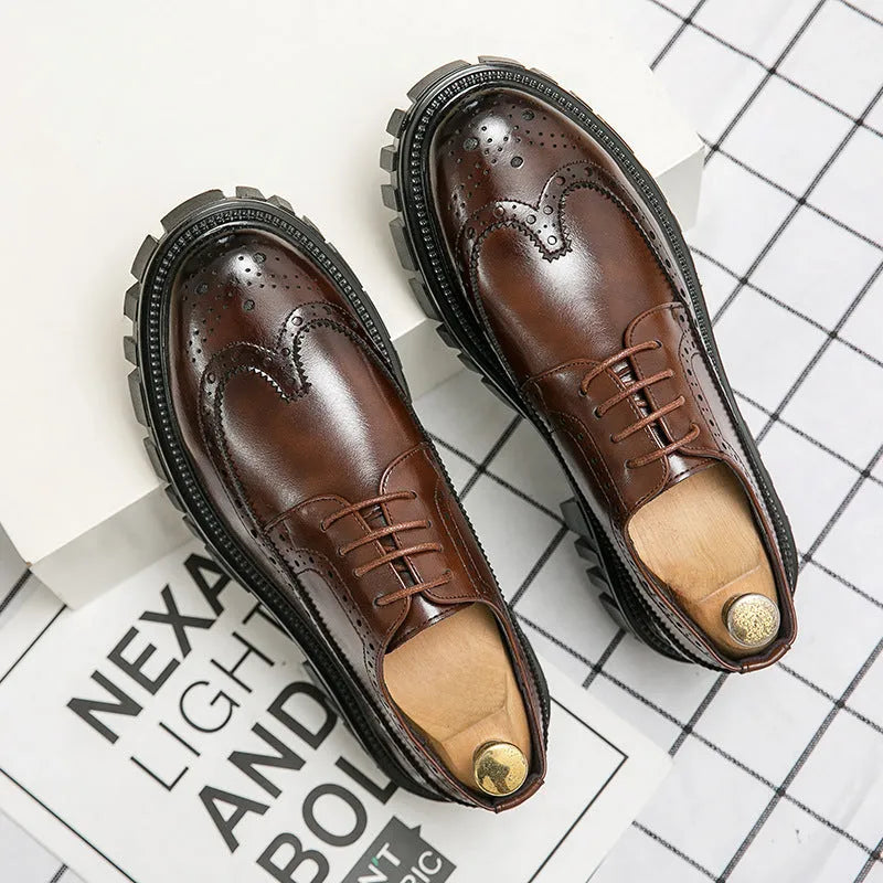 Men's classic black and brown brogue Oxford shoes with round toe and perforated detailing for formal business wear.