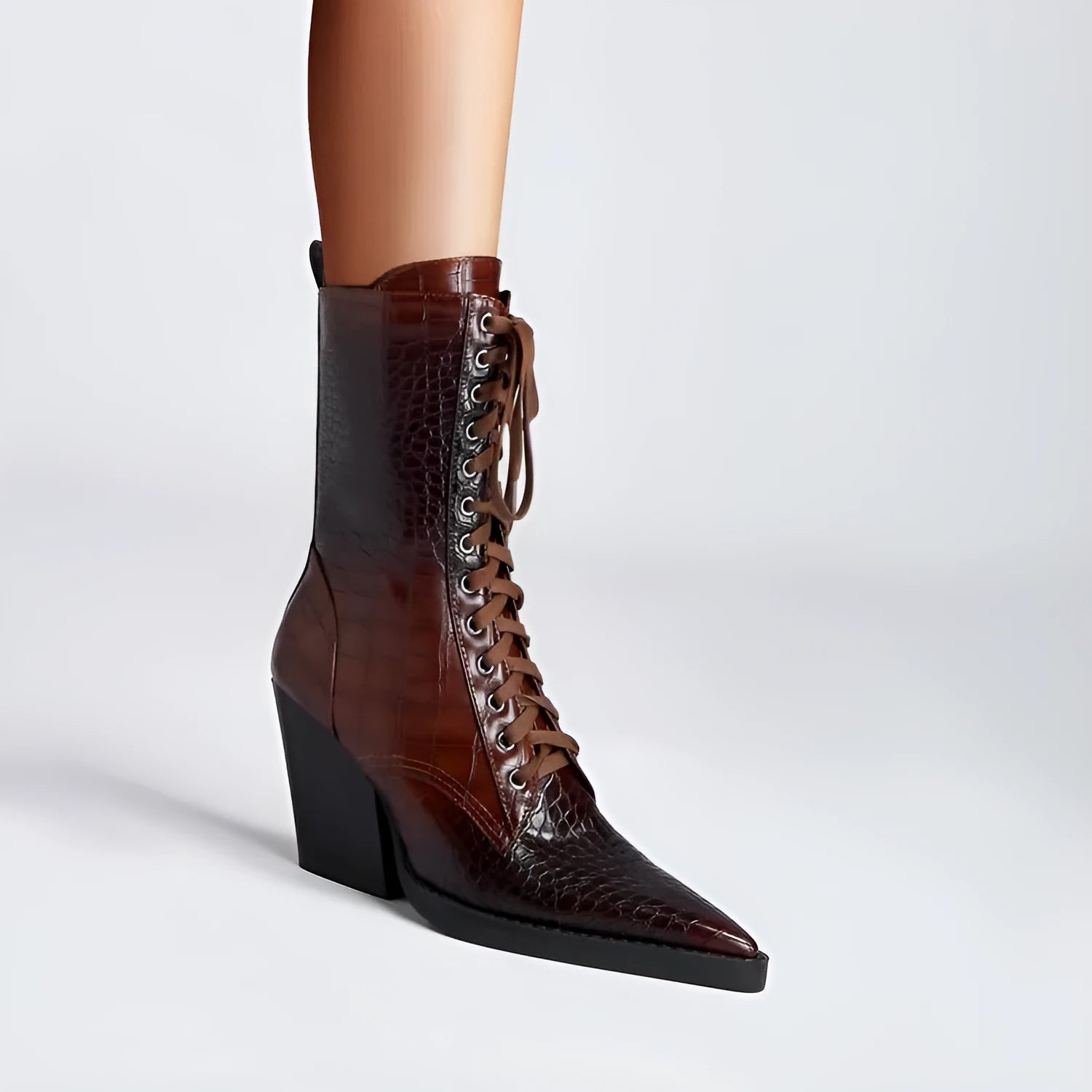 Retro pointed toe chunky heel boots with side zipper and sewing line detail in black