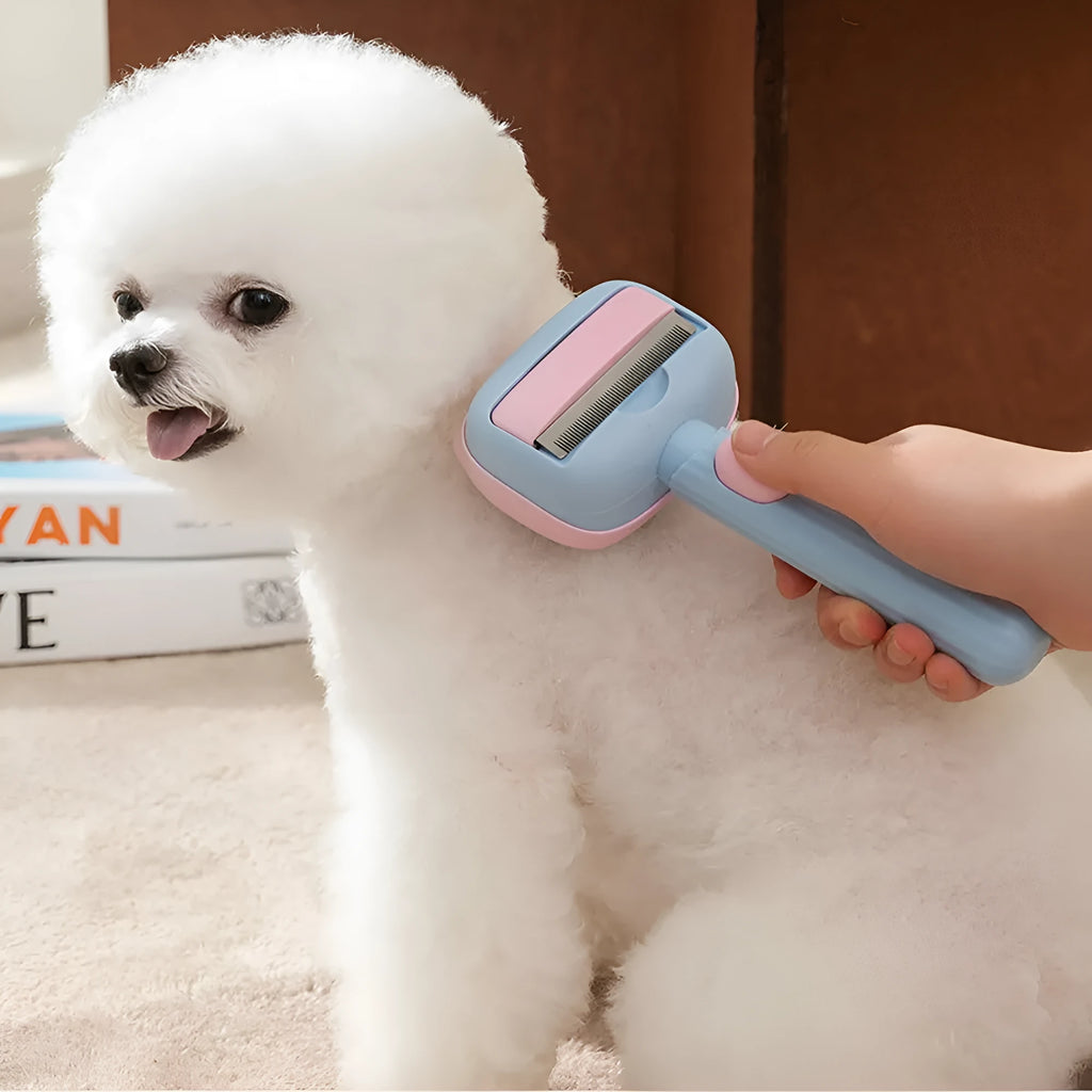 Red double-sided pet grooming brush with deshedding rake and dematting comb, shown with dimensions.