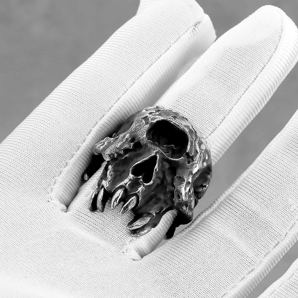 Alloy ring with one-eyed skull design showing electroplated metallic finish