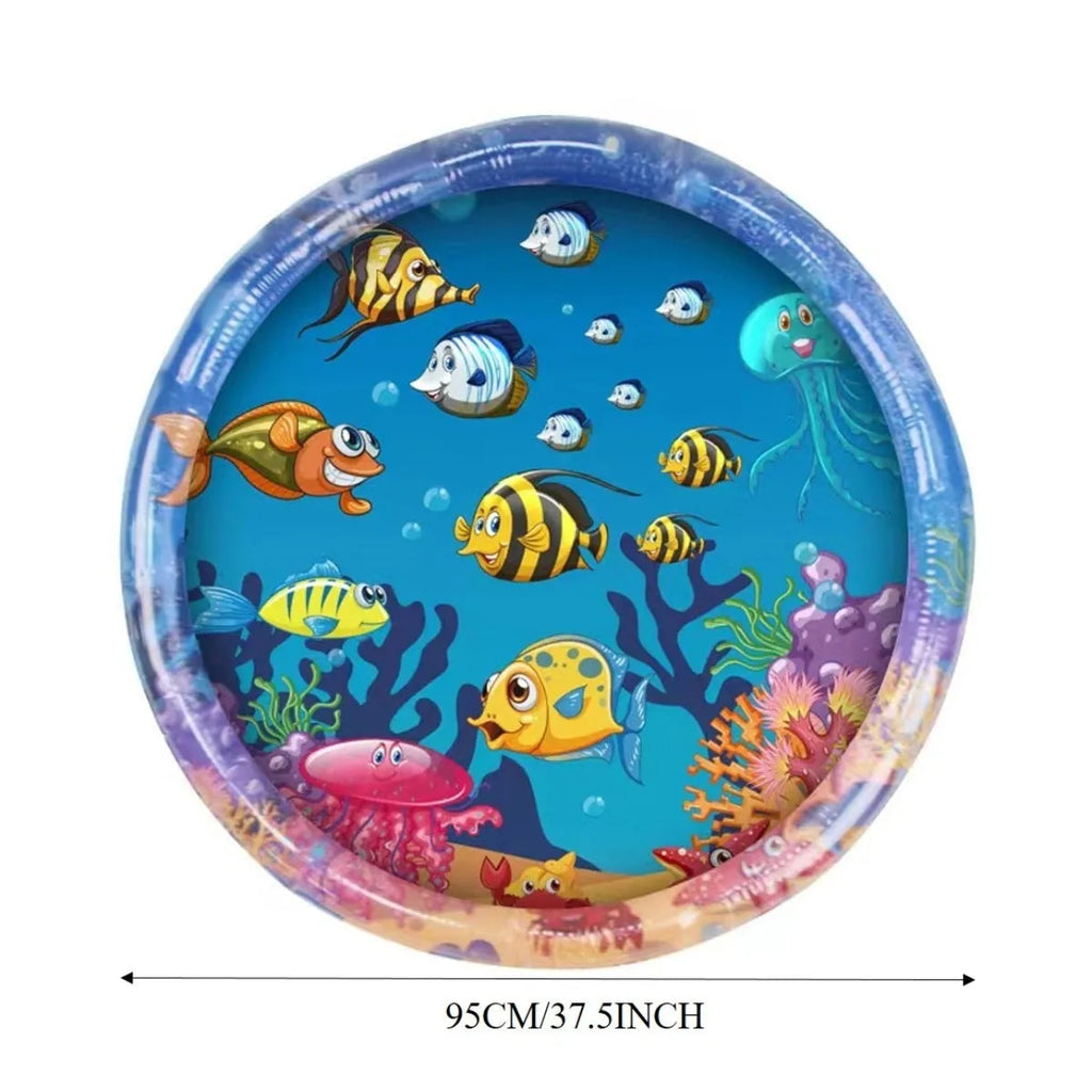 Thickened PVC water sensory play mat for pets with ocean fish design and floating toys.