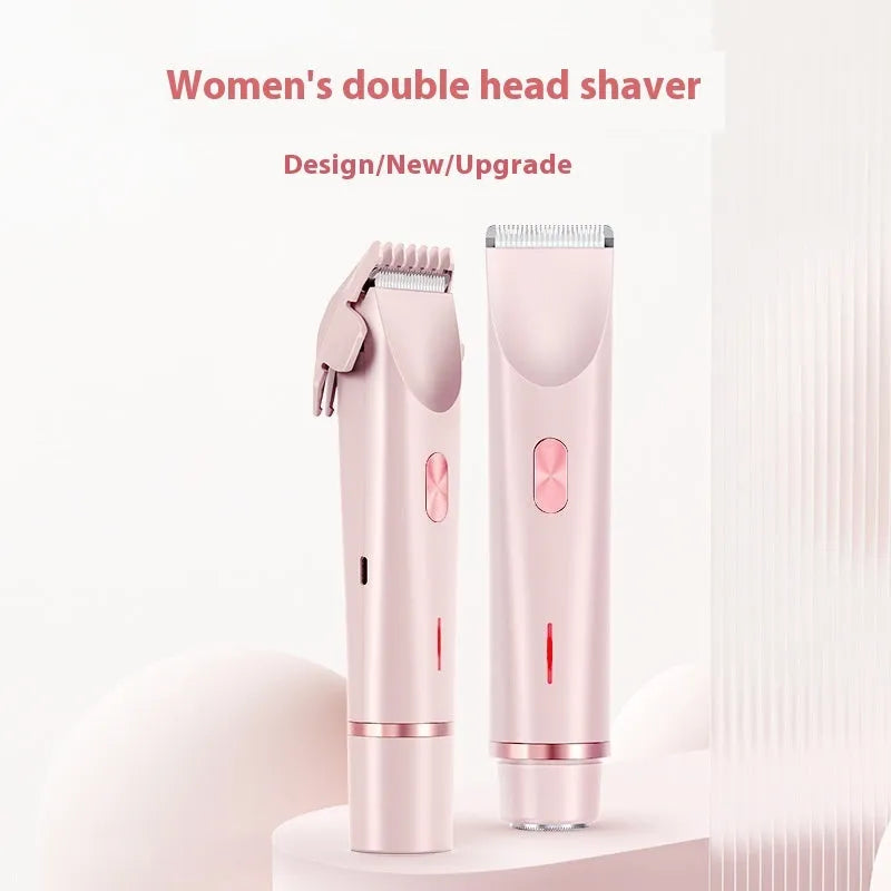 Pink 2 in 1 women's electric hair remover double head shaver with USB cable on white background