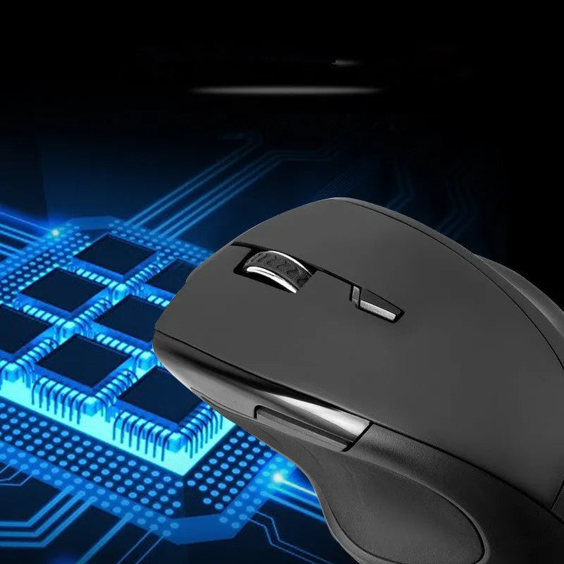Intelligent voice wireless mouse in black with USB receiver, showing 7 buttons and four-way scroll wheel