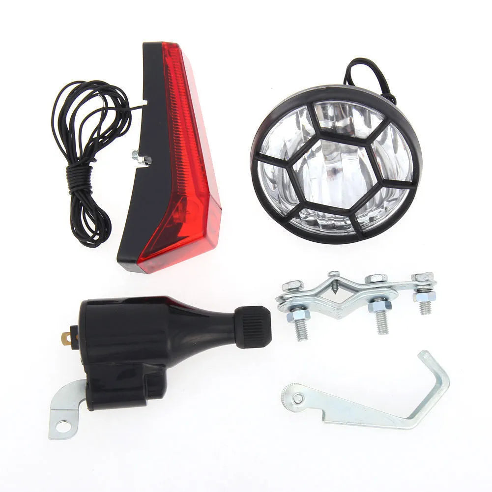 Silver bicycle generator light modification kit with dynamo and wiring for headlight and tail light connections