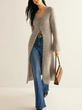 French style retro long sleeve cardigan coat in khaki with button front detail