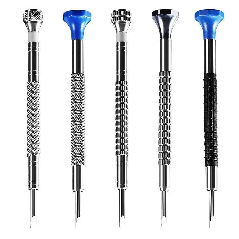 Watch repair tool set with precision manual screwdrivers, including bolt driver and five head styles for clock and telecom repair