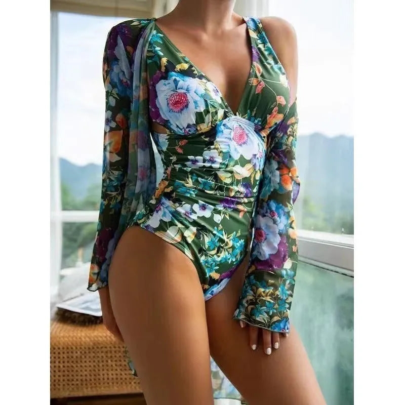 Women's floral pattern bikini three-piece swimsuit set in a choice of seven colours.