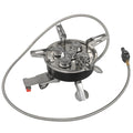 Silver portable split camping stove with stainless steel construction and fuel hose