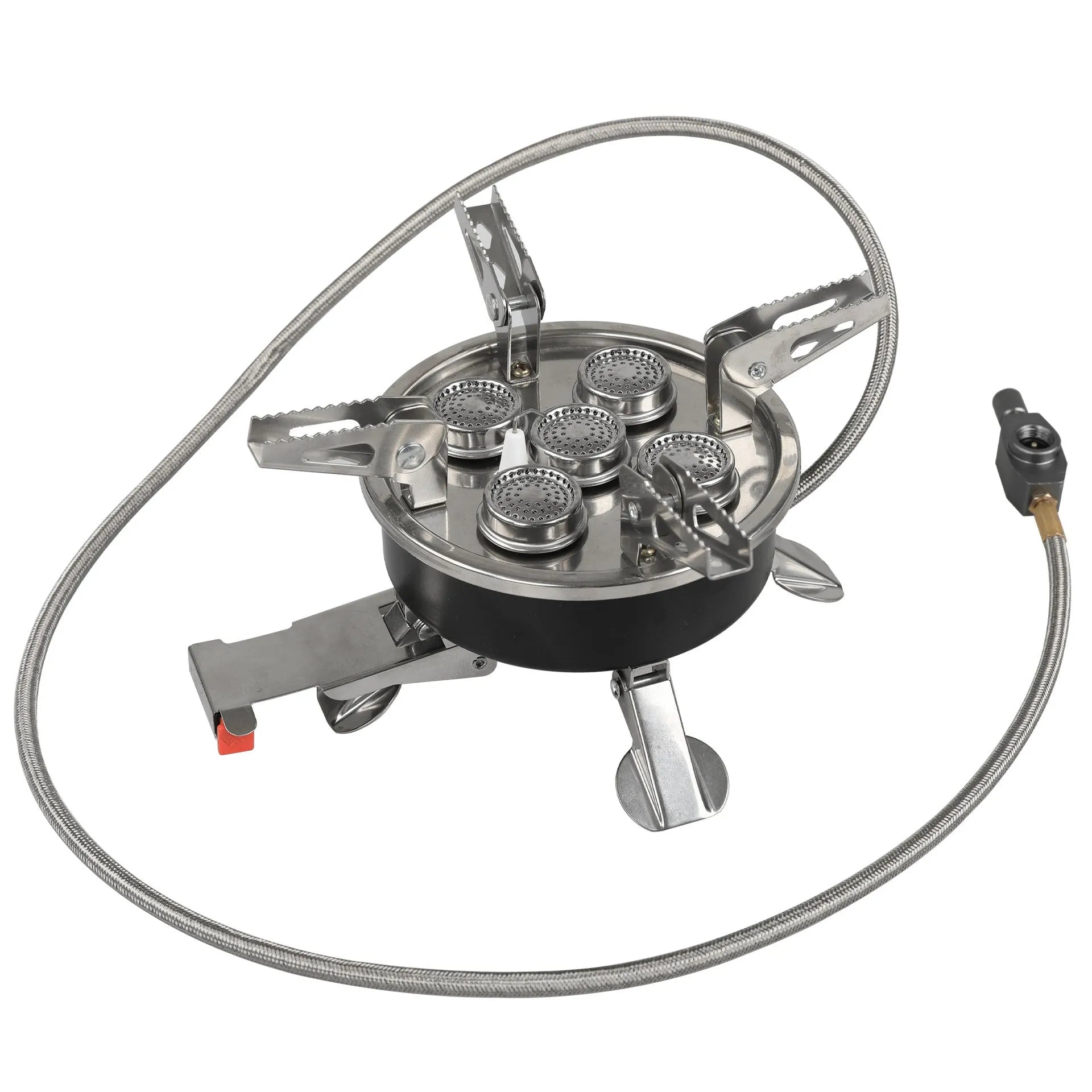 Silver portable split camping stove with stainless steel construction and fuel hose