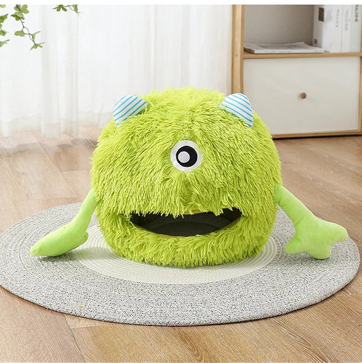Round plush cat bed with non-slip base in three size options for indoor pets