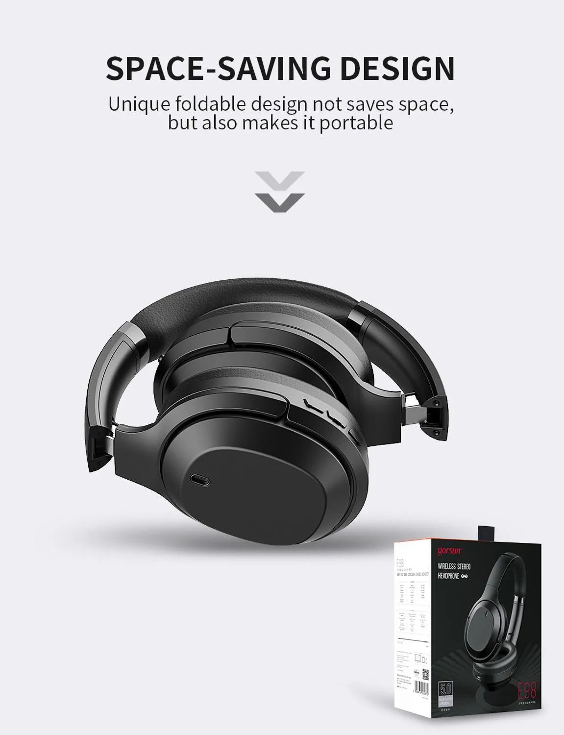 Black Gorsun E98 wireless Bluetooth headphones with over-ear design and memory-protein ear cushions