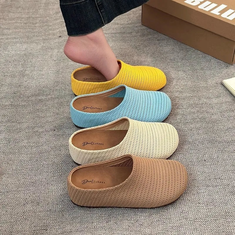 Baotou Boken non-slip women's slippers round toe cloth upper rubber sole blue colour