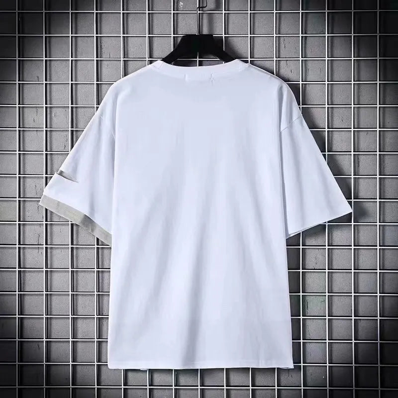 Couples wear simple loose half-sleeve tshirt top in grey polyester with size chart