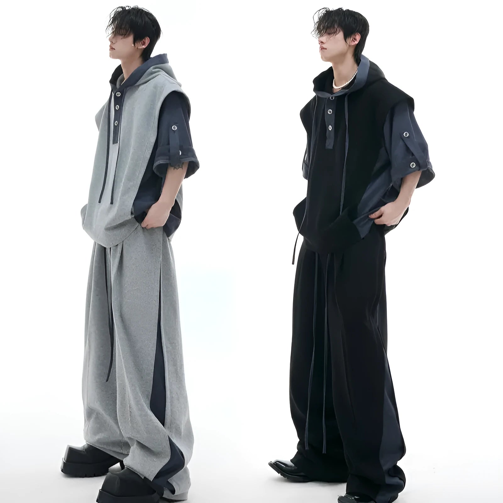 Men's black and grey polyester hooded leisure suit with three-dimensional stitching on the short-sleeve jacket