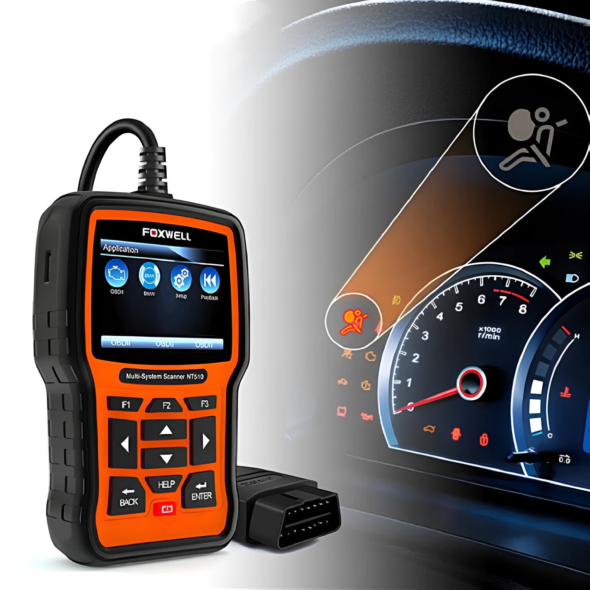 Foxwell NT510 orange and black automotive diagnostic tool with OBD2 scanner and TFT colour screen display