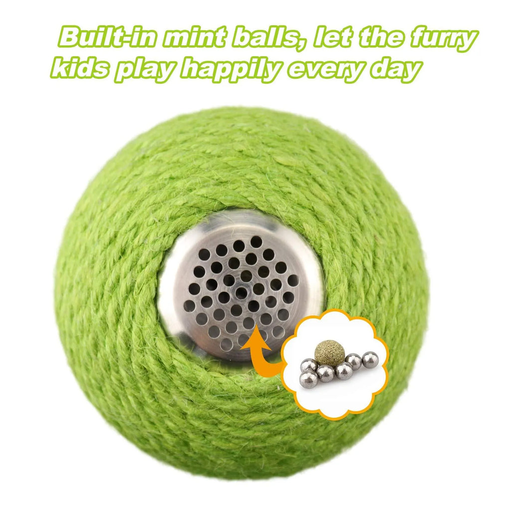 Green interactive tumbler cactus cat scratcher with natural sisal and rolling ball for indoor play