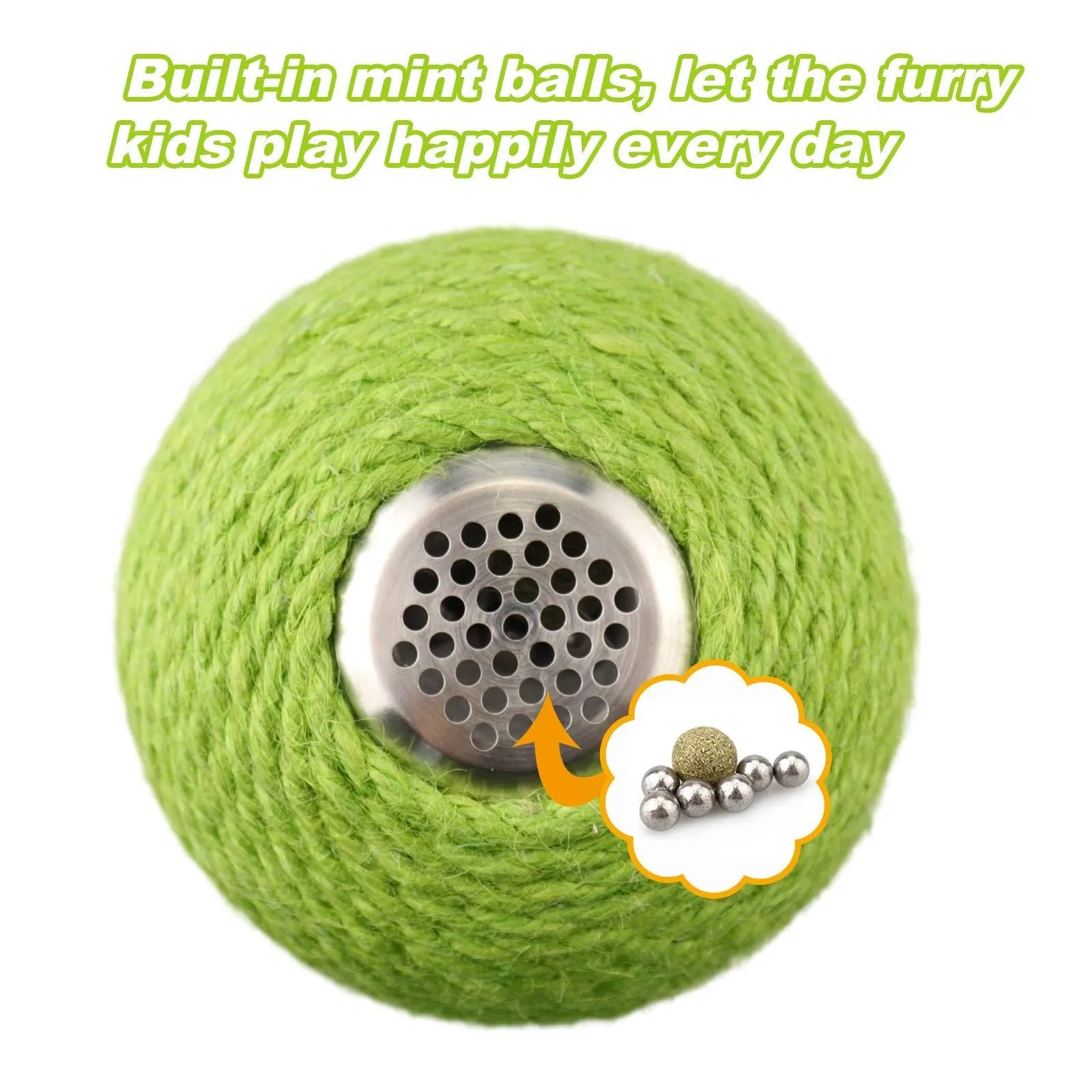 Green interactive tumbler cactus cat scratcher with natural sisal and rolling ball for indoor play