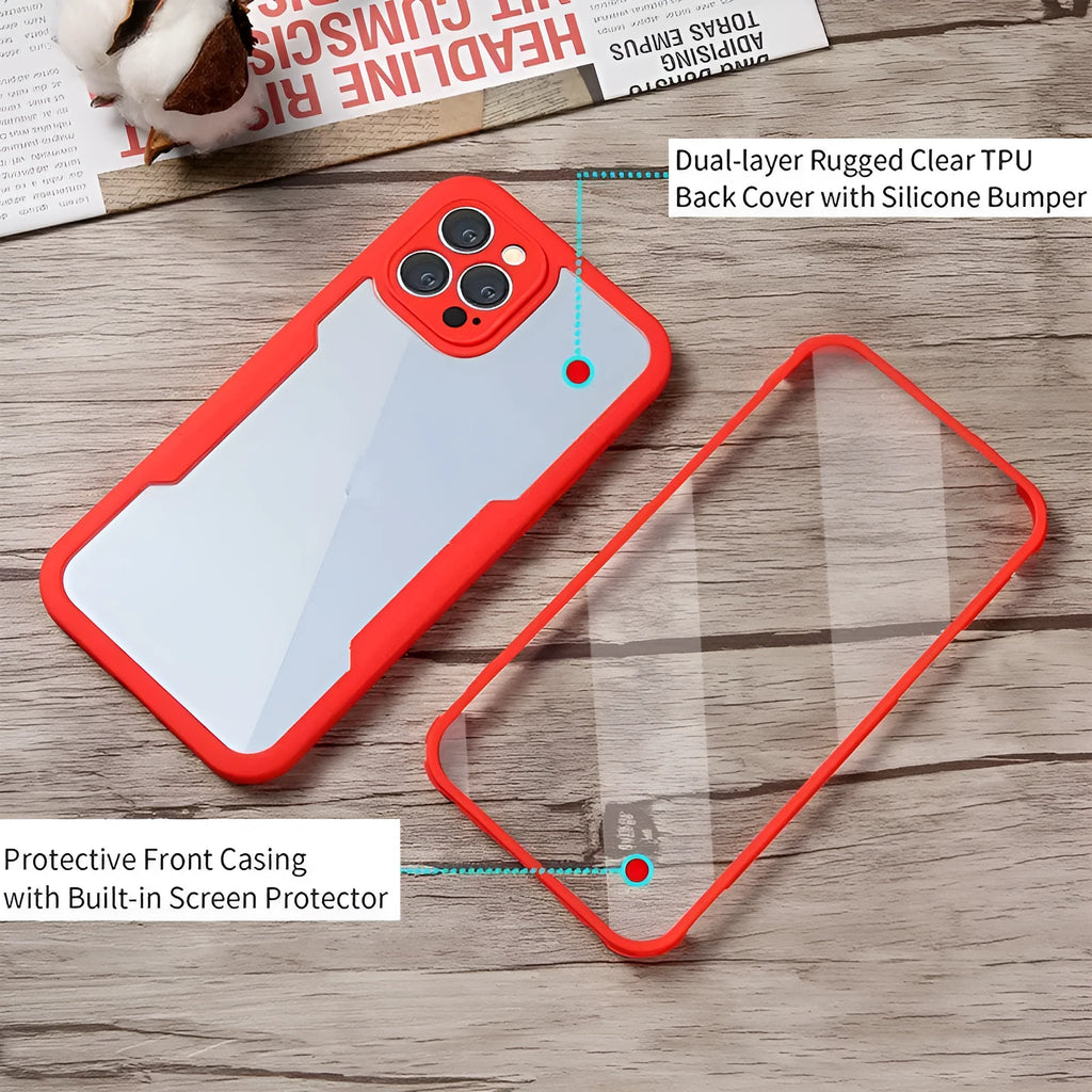 TPU back cover phone case for iPhone 14, black, on a white background showing front and back protection