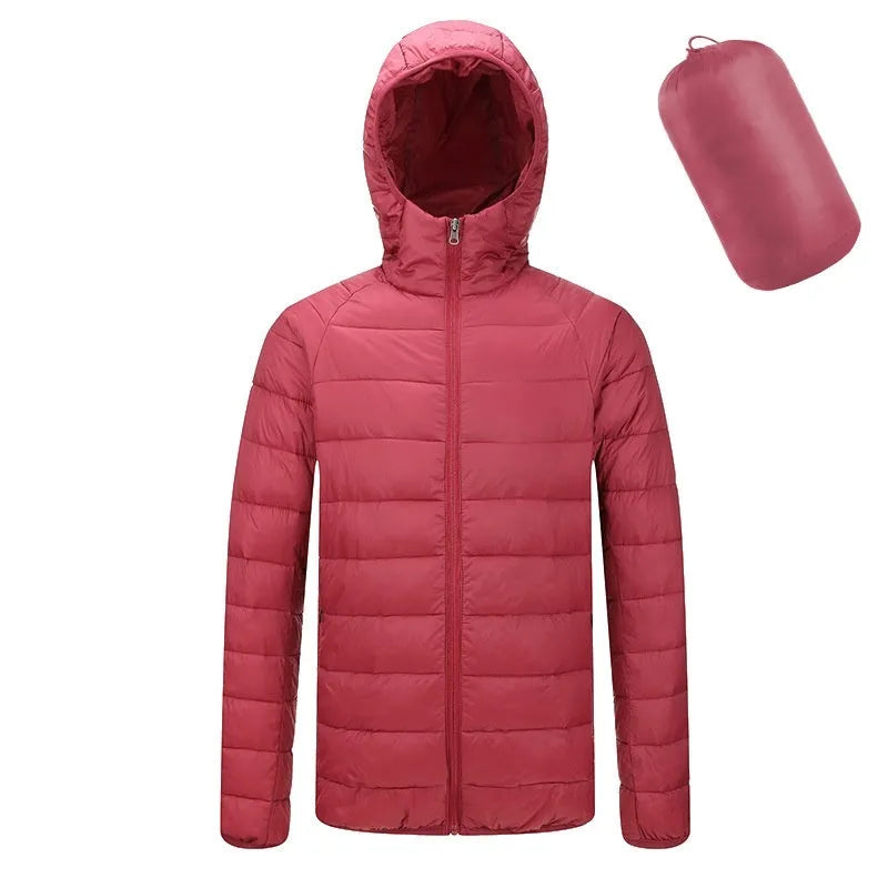 Men's lightweight hooded coat in solid colour with zipper closure, nylon outer, available in multiple colours