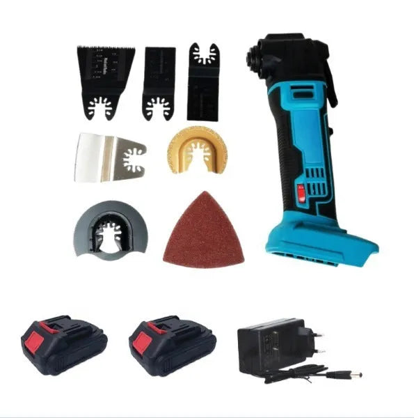 Rechargeable brushless lithium battery lawn trimmer with accessories in a plastic storage box.