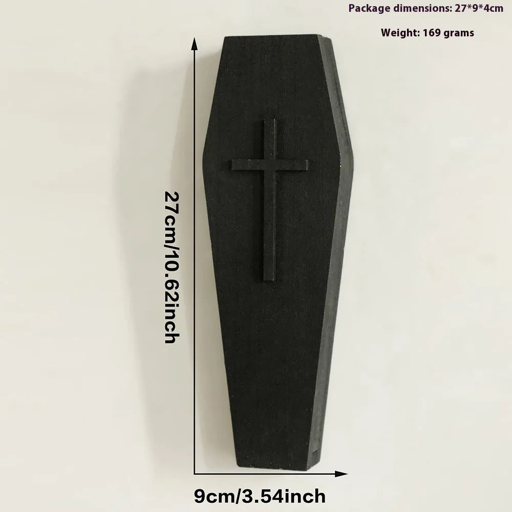 Black wooden cross wall vase shelf with open top for stems, 27cm tall, wall-mounted pendant design