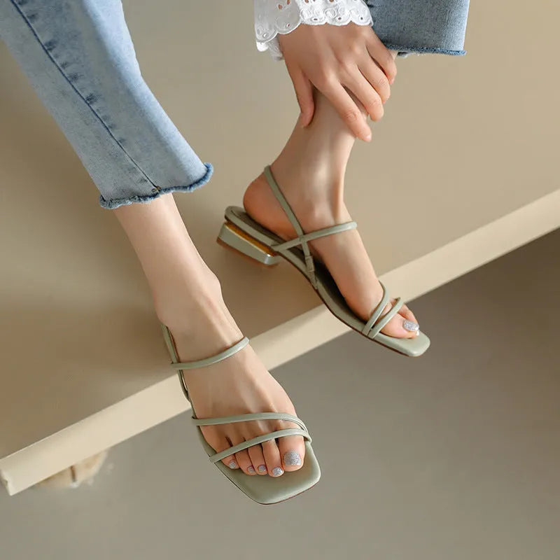 Flat strap open-toed Roman sandals for women in green, Korean style square toe solid colour summer footwear