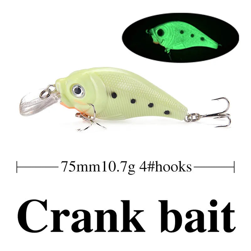 Five 3D fluorescent hard fishing baits with luminous simulation designs in a set