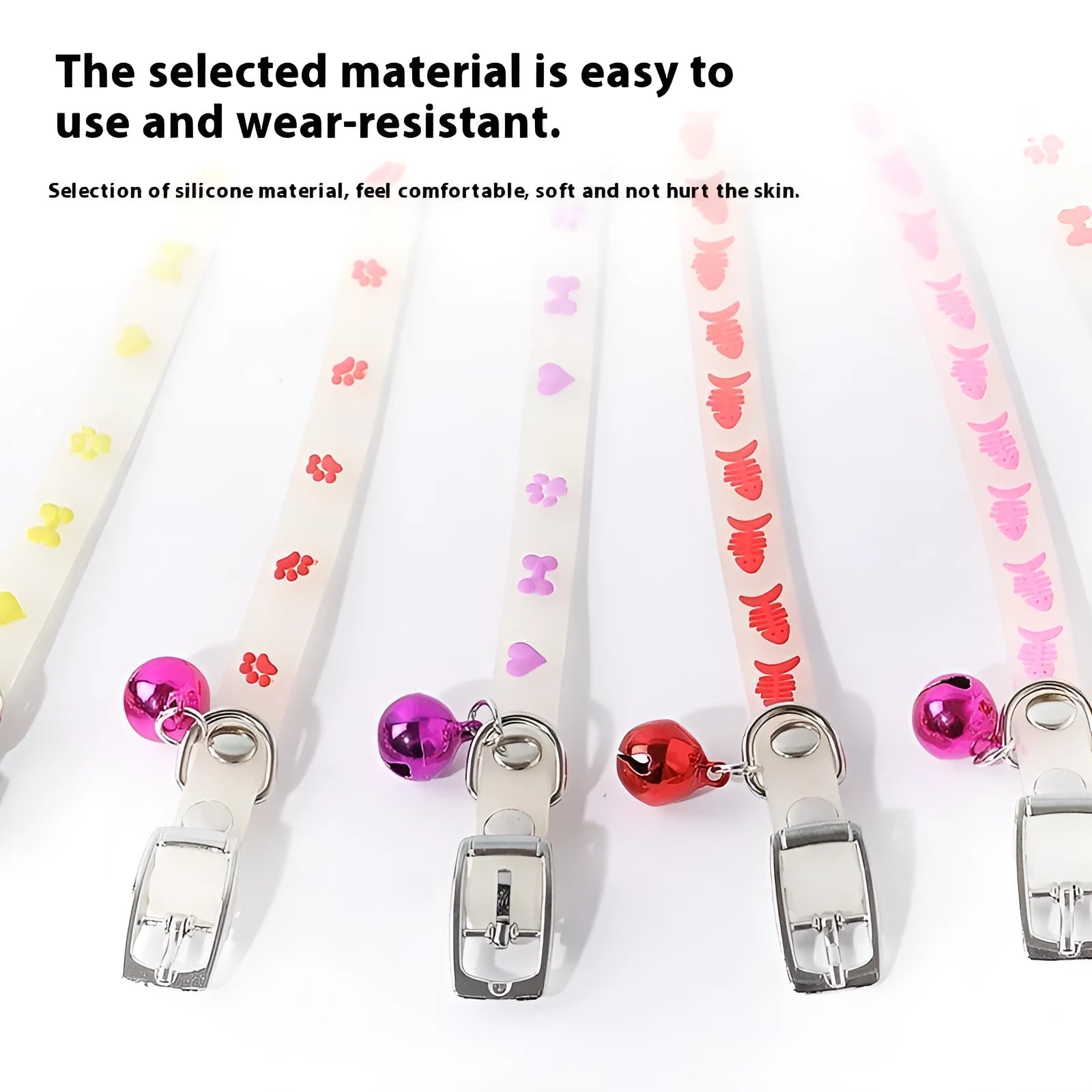 Cat wearing luminous collar with night illumination and metal bell on adjustable silicone chain
