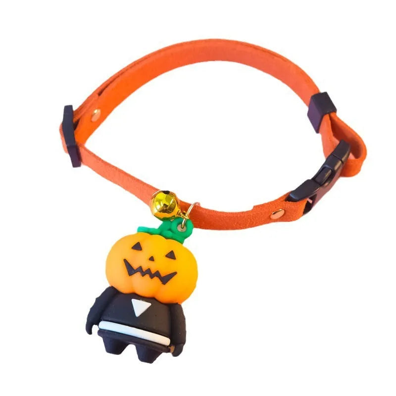 Halloween pet collar decoration showing pumpkin man, luminous brat, and luminous skull patterns with adjustable sizing