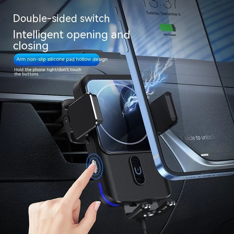 Black car wireless phone charging holder mounted on dashboard with 15W fast charging capability