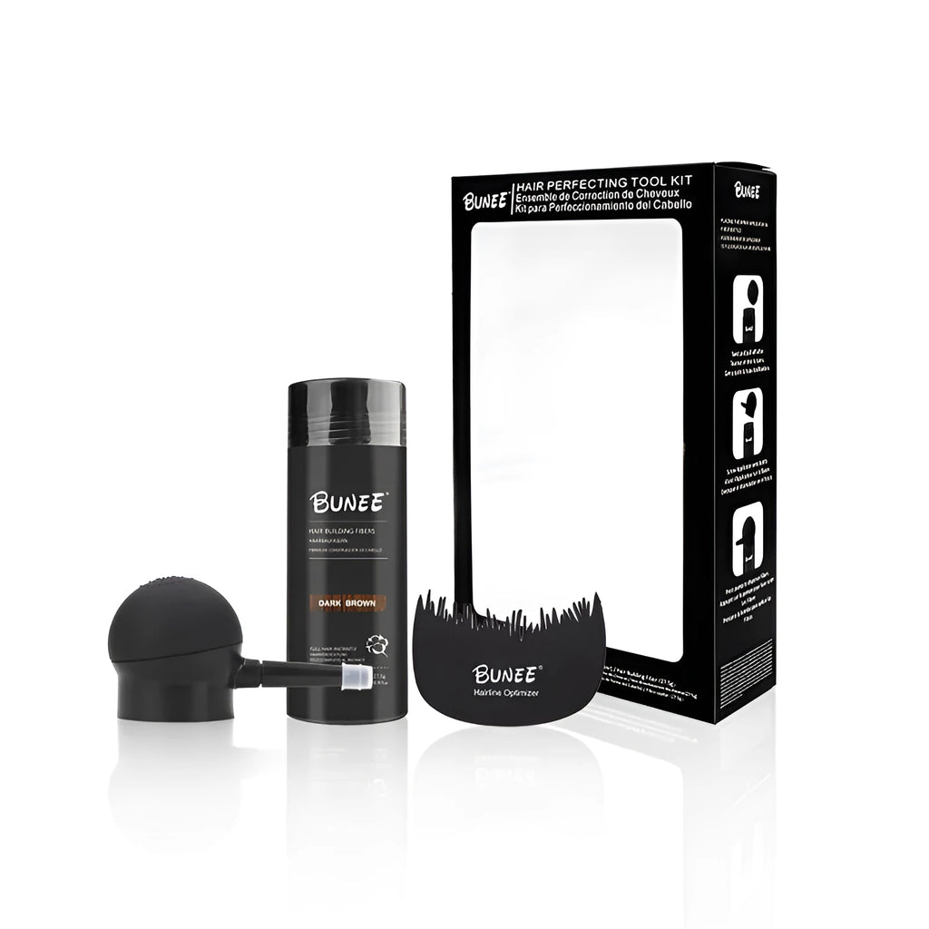 Dense hair fibre powder three-piece set with canister, spray bottle and comb for hair thickening