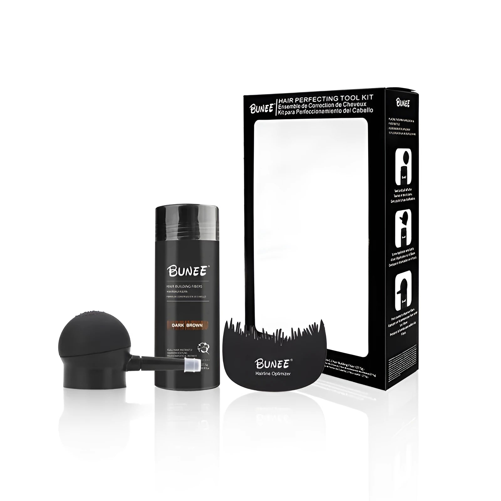 Dense hair fibre powder three-piece set with canister, spray bottle and comb for hair thickening