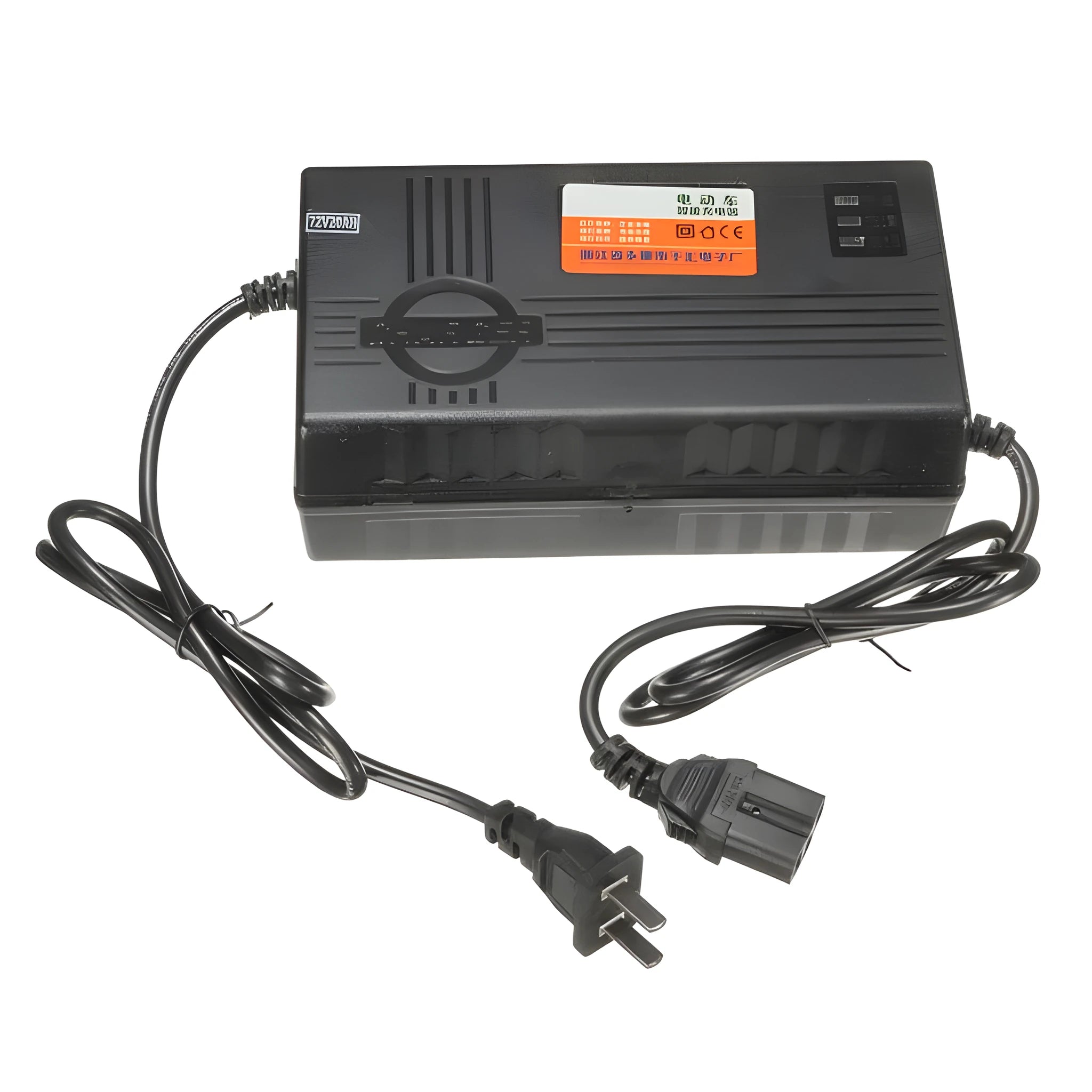 Black 72V 20AH electric car charger with compact design and international plug options.