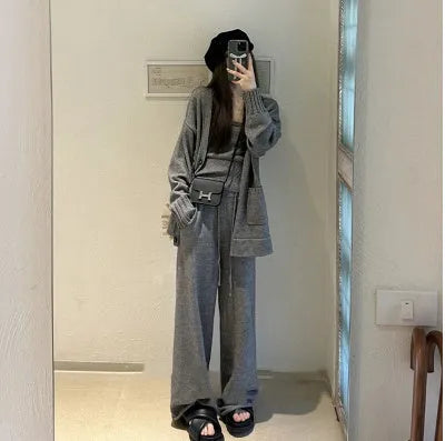 Women's three-piece knit set with cardigan and casual pants in light brown colour