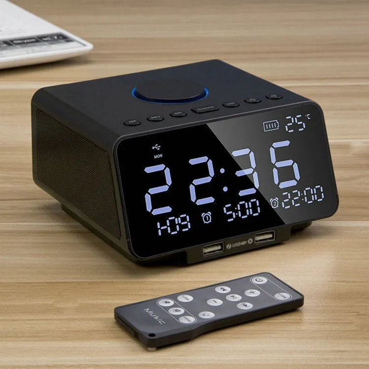 Wireless alarm clock speaker in black with digital display and Bluetooth streaming