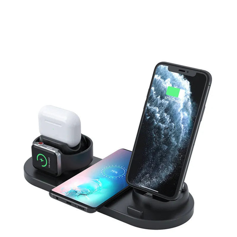 Multifunctional 6-in-1 wireless charging mobile phone holder in black with phone, AirPods and iWatch docked