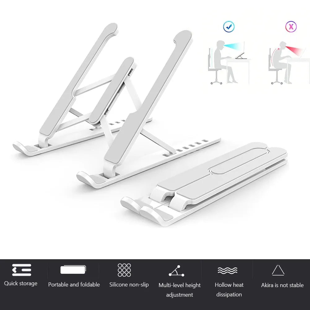 Adjustable non-slip laptop cooling stand in black with six height gears, folded flat on a desk