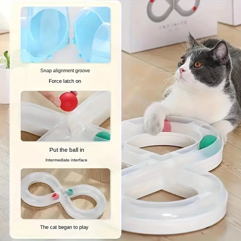 Blue and white cat turntable track ball toy with teasing stick on a flat surface.