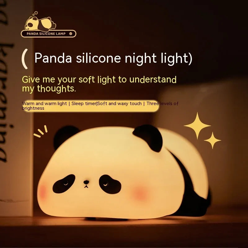 Cute panda-shaped night light made of BPA-free silicone on a bedside table