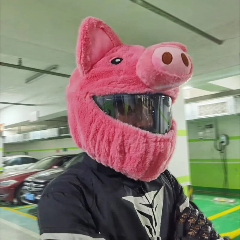 Pink pig cartoon design motorcycle helmet plush protective hood cover made from pv velvet cloth