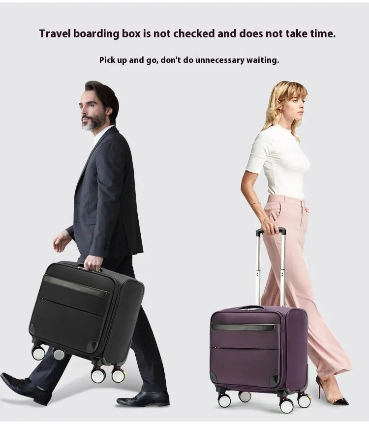 Black 18-inch Oxford cloth business travel suitcase with retractable handle and universal wheels.