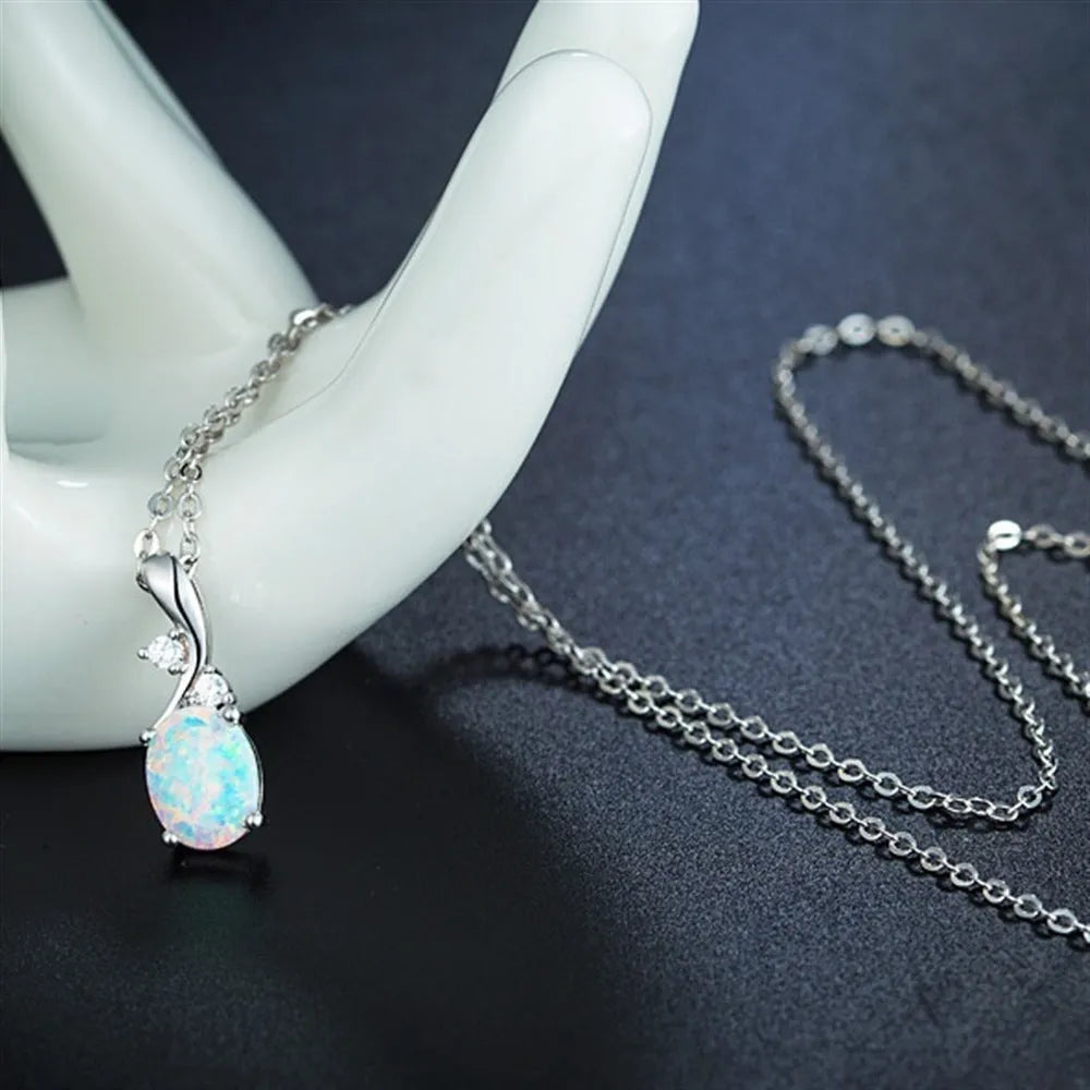 Water drop opal pendant necklace on electroplated alloy chain in rose gold colour