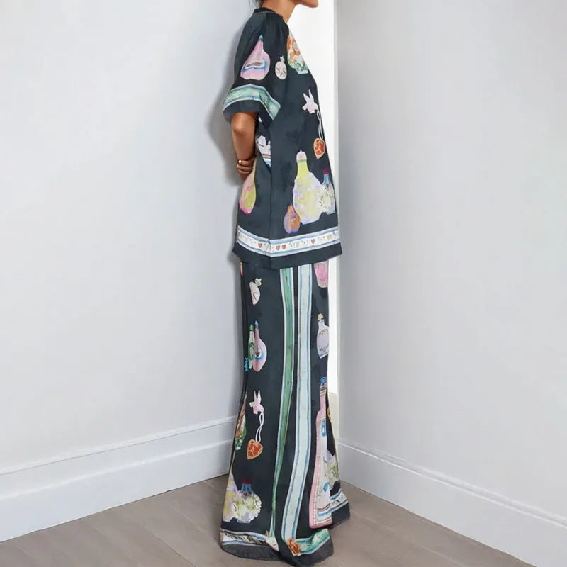 Women's black polyester sleeve cardigan set with cartoon pattern, sizes S-3XL