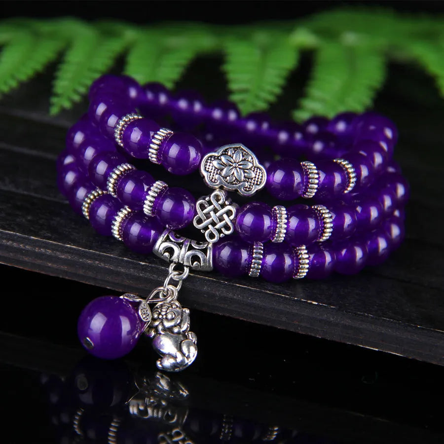 Natural purple chalcedony crystal bracelet with three circles of beads, women's ethnic style jewellery