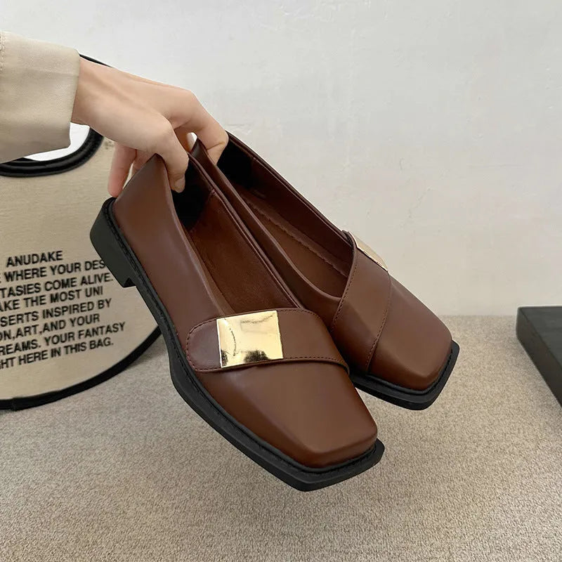 Women's flat-heeled shoes, beige, square toe, metal buckle detail, artificial leather, low heel