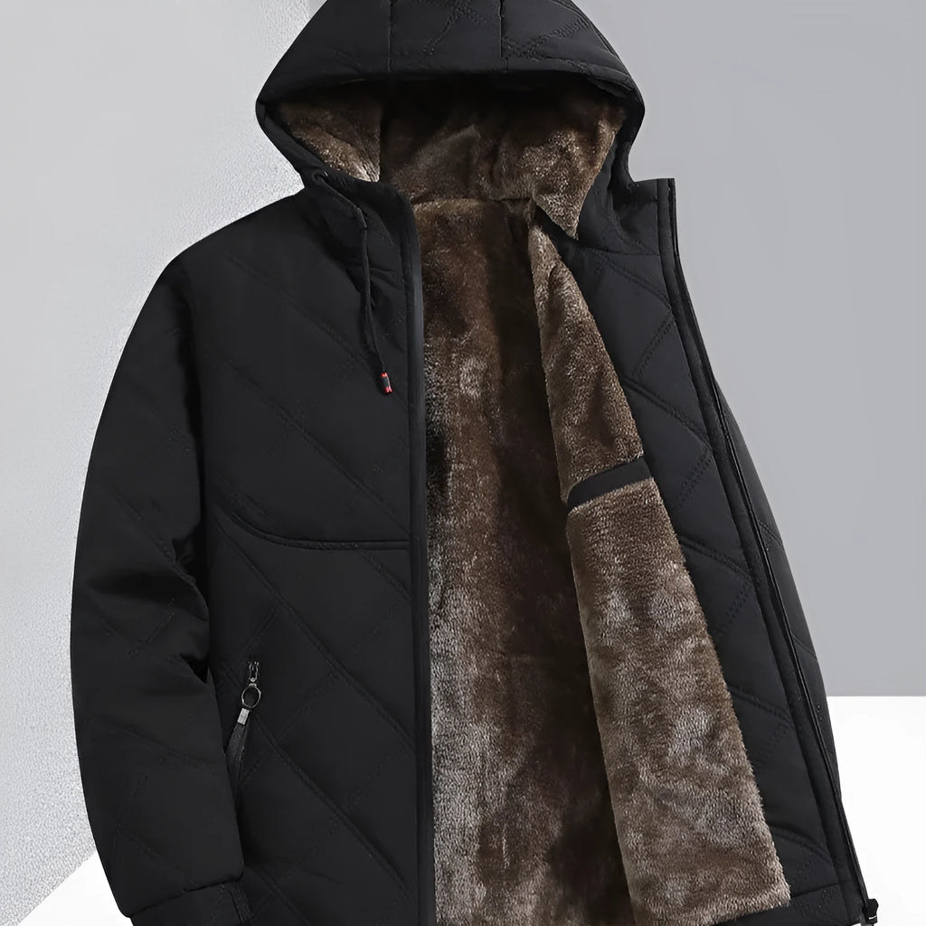 Men's casual hooded jacket with stand-up collar, loose fit, cotton lining, side pockets, beige colour