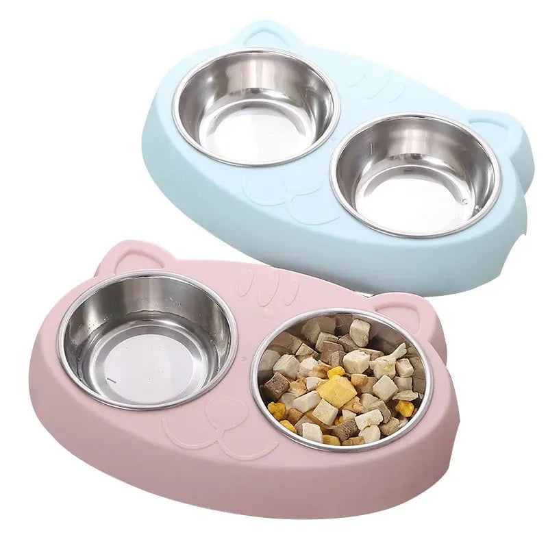Blue plastic pet feeding tray with two built-in bowls for cat or dog food and water.
