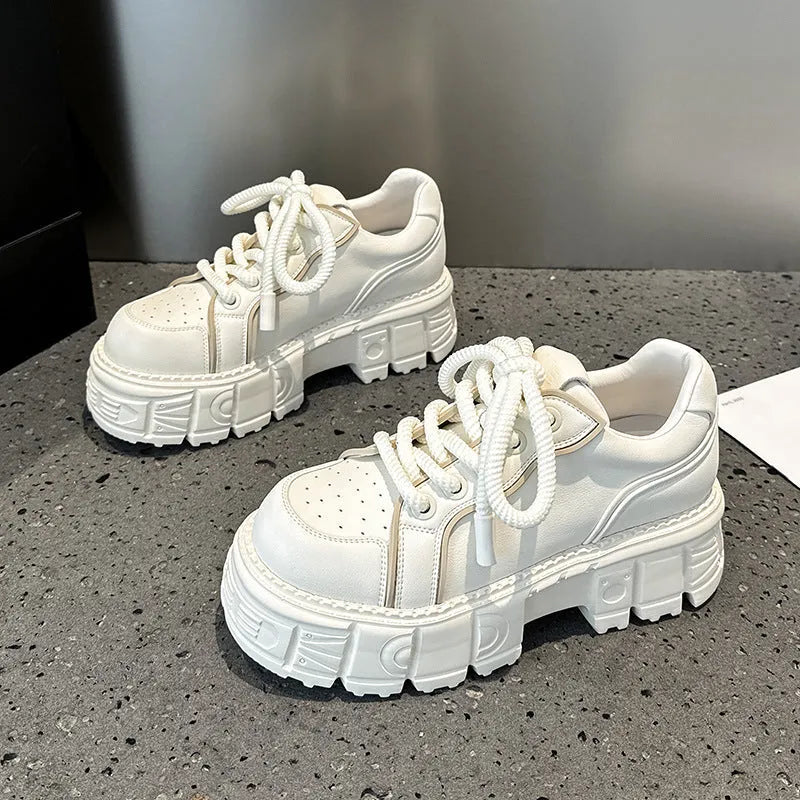 Beige and pink leather casual shoes with solid-colour design and height-increasing construction