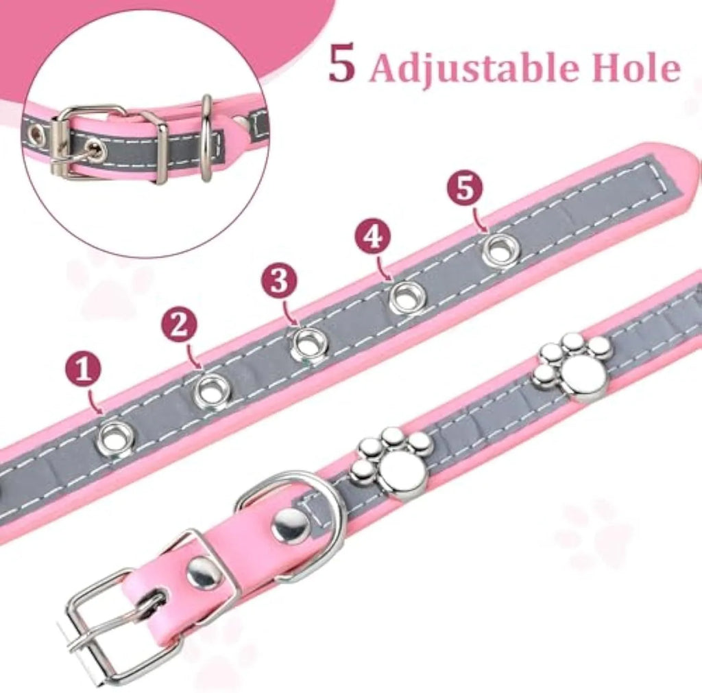 Reflective adjustable dog collar with paw-shaped rivet on PU leather band